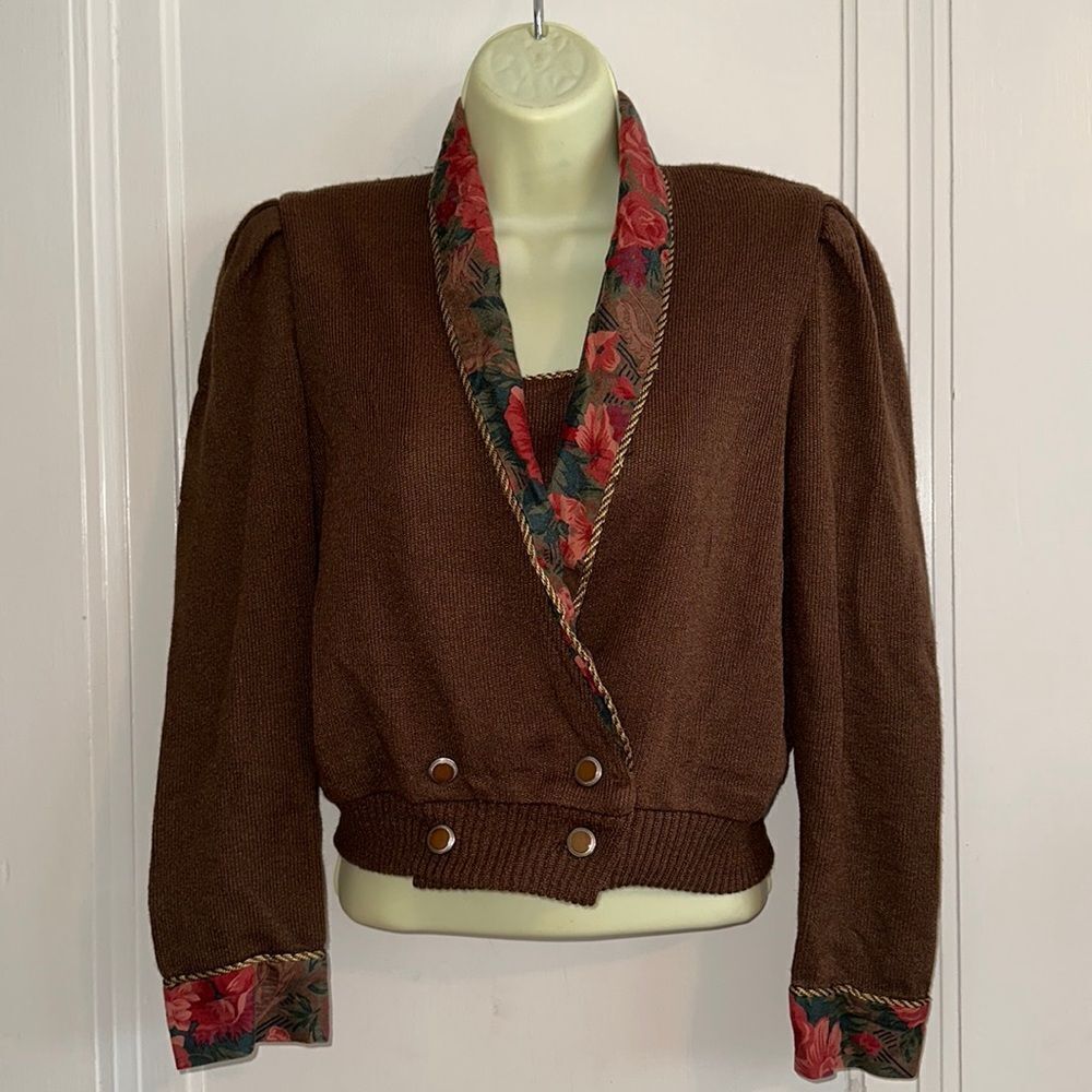 Vtg 80s PS Sport brown knit sweater jacket‎ with floral collar & cuffs